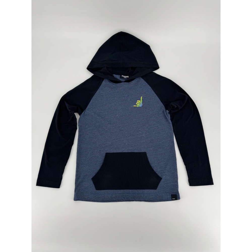 RSQ Boys Sz M Raglan Hoodie T-Shirt Blue Navy Skeleton Hand Graphic Hooded Shirt